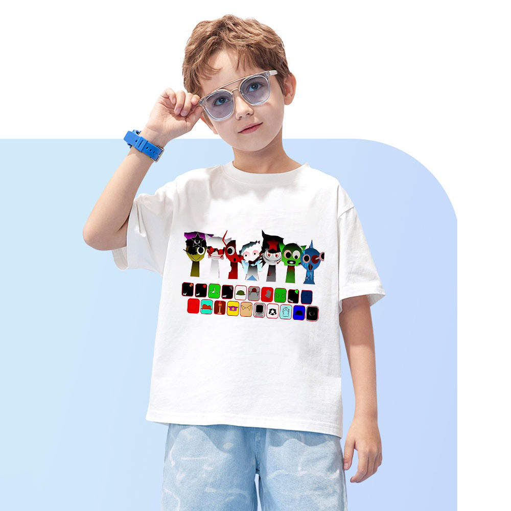 Incredibox Sprunki เสื้อยืดพิมพ์ลายการ์ตูนสําหรับเด็กคอกลมแขนสั้นเสื้อผ้าลําลองสําหรับเด็กชายและเด็กหญิง