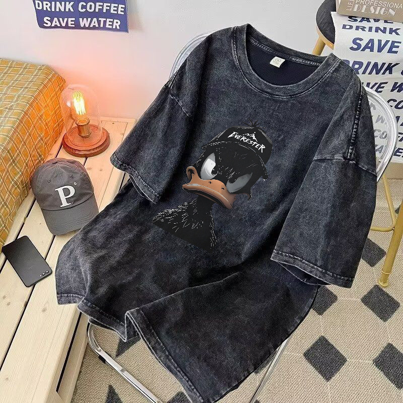 รุ่น Duck Qkoole เสื้อยืดผ้าฟอก oversize เสื้อยืด oversizeลายการ์ตูน สไตส์อเมริกา I003181