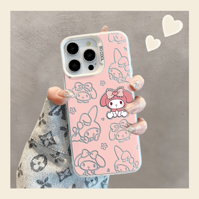 HelloKitty Melody ปลอกสำหรับ iPhone 16 15 14 13 12 11 Pro Plus MAX x XR XS MAX ชายแดนพิมพ์รวมทุกอย่าง fullcover กันกระแทกกรณี