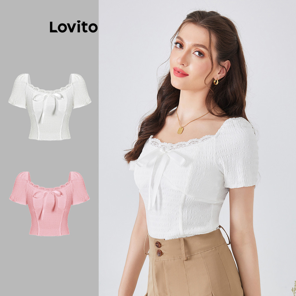 Lovito เสื้อยืด แขนพัฟ ลูกไม้ด้านหน้า แต่งโบน่ารัก สไตล์ลำลอง สำหรับผู้หญิง L54ED035 (หลากสี)