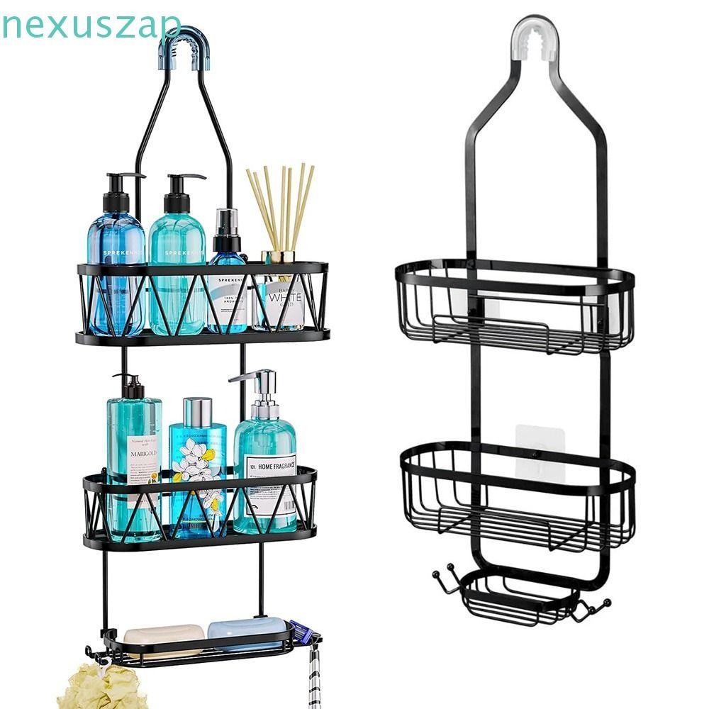 ถัดไปตะกร้าอาบน้ําแบบแขวนไม่เจาะกันสนิมกว่าตัวจัดหัวฝักบัวตะขอทนทานพื้นที่กว้างพิเศษตะกร้าสบู่ที่ถอดออกได้ห้องน้ํา