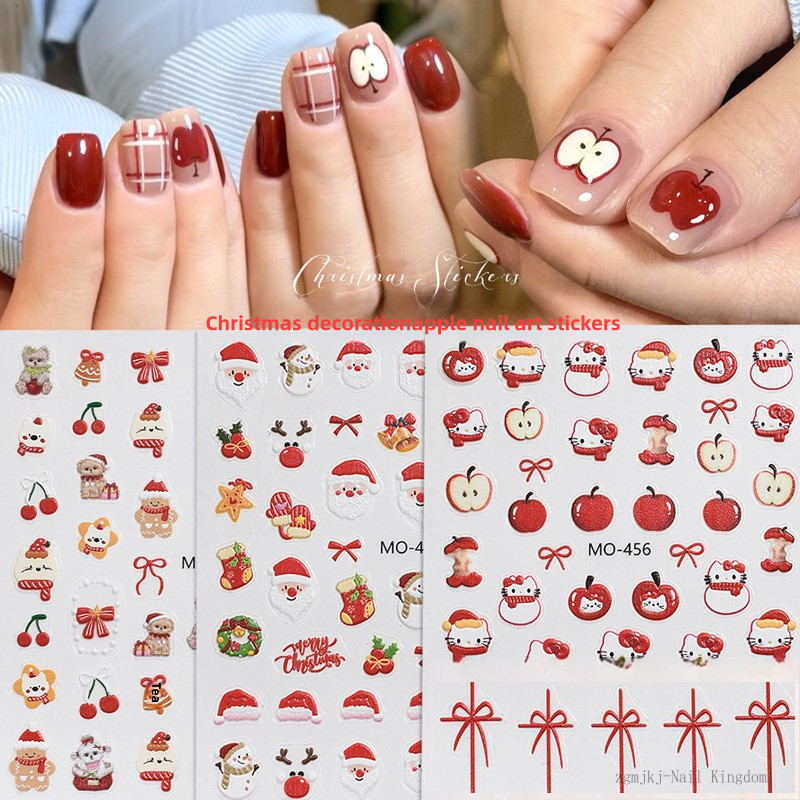 สติ๊กเกอร์ตกแต่งเล็บลายซานต้าคลอส 3 มิติ ลายเชอร์รี่แอปเปิ้ล / สติ๊กเกอร์ติดเล็บลายการ์ตูนแมวหมีโบว์ / เครื่องประดับคริสต์มาส