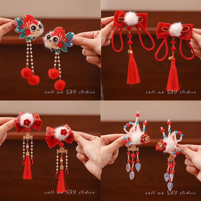 2ชิ้นปีใหม่พู่สีแดงกิ๊บใหม่สไตล์จีนน่ารักสไตล์แห่งชาติคลิป