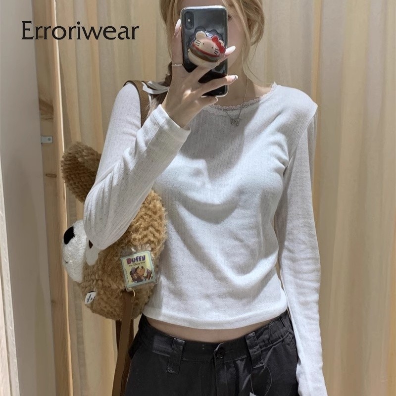 เสื้อยืดผู้หญิงสีทึบลูกไม้คอกลมแขนยาวสลิมฟิตสำหรับทุกโอกาส