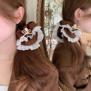 แฟชั่นสีกากี Bowknot ลูกไม้ผมหางม้าผมแหวนหัวเชือกผูกผม Scrunchies Headwear