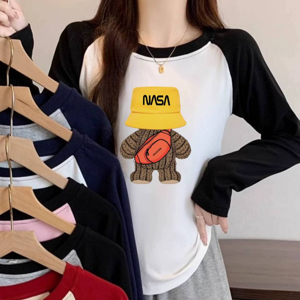 MKL เสื้อยืดแขนยาว คอกลม ทรงหลวมขนาดใหญ่ สีพื้น พิมพ์ลายการ์ตูนน่ารัก แฟชั่นฤดูใบไม้ผลิและฤดูใบไม้ร่วง #B014