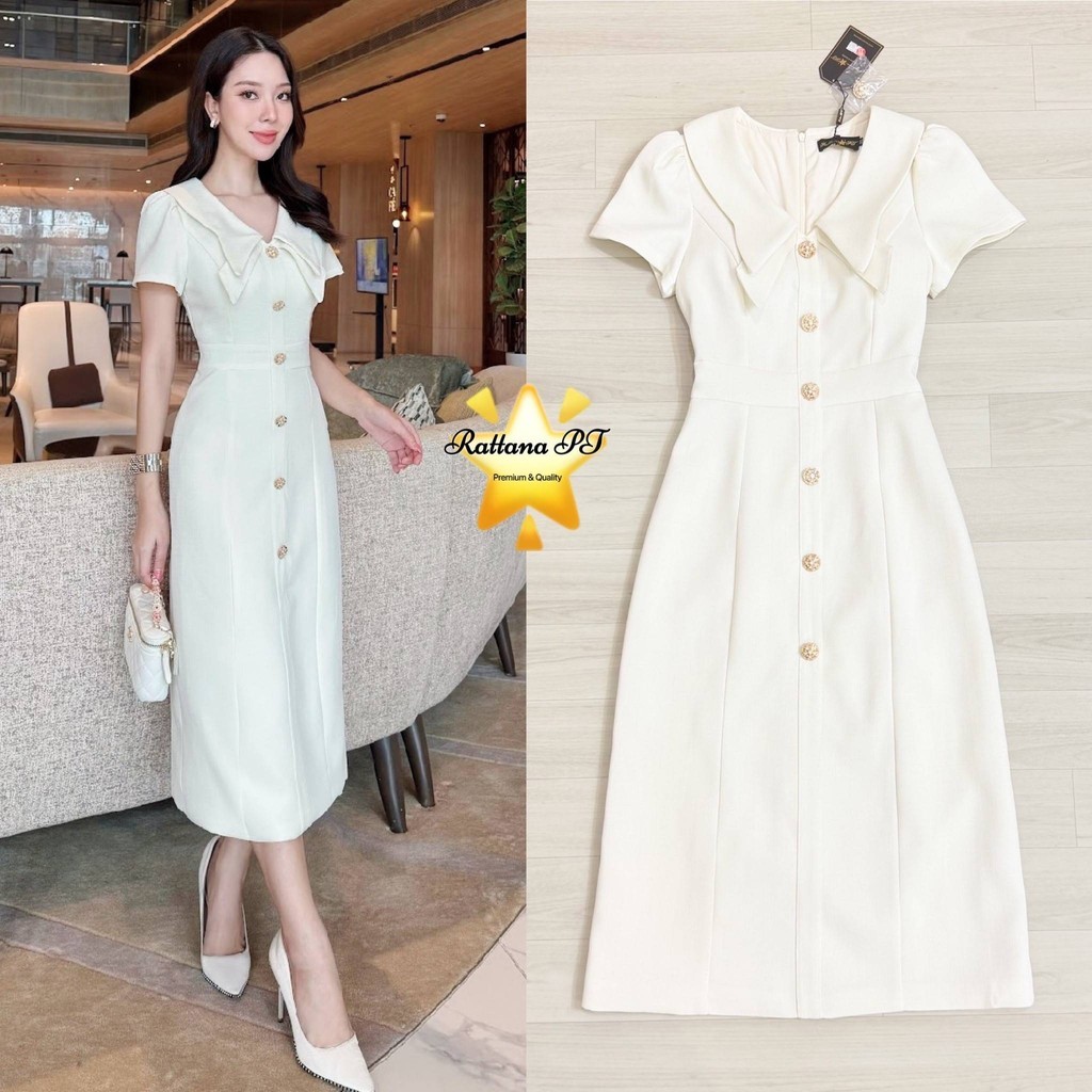 (xs-L) <พร้อมส่ง> Rattana63 ชุดเดรสยาวสีครีมทรงสวยมาก แต่งกระดุมด้านหน้าชุด สวยหรูดูแพง Cafe