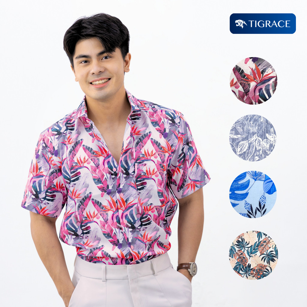 JaguarJump เสื้อเชิ้ตแขนสั้น ผู้ชาย มีกระเป๋า ผ้าพิมพ์ลายใบไม้ มี 4 สี Summer ม่วง/ชมพู/ฟ้า/ส้ม