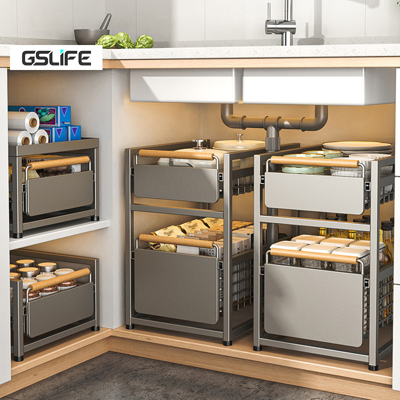 GSlife ชั้นวางของใต้อ่างล้างจาน ที่จับไม้ ไม่จำเป็นต้องติดตั้ง ชั้นวางของแบบดึงผลักบนตู้และใต้ตู้