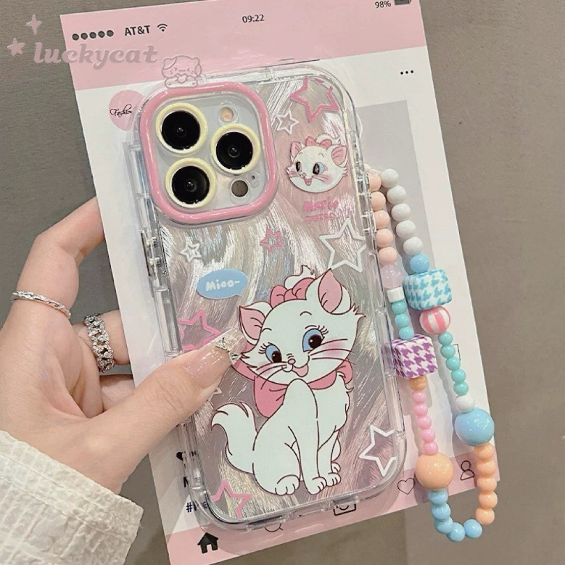 Iphone 16 15 14 13 12 11 Pro Max X Xr Xs Max 7 8 Plus SE2020 เคสโทรศัพท์น่ารักและสวยงาม Mary Cat + Lanyard Bling Clear Phone Cover