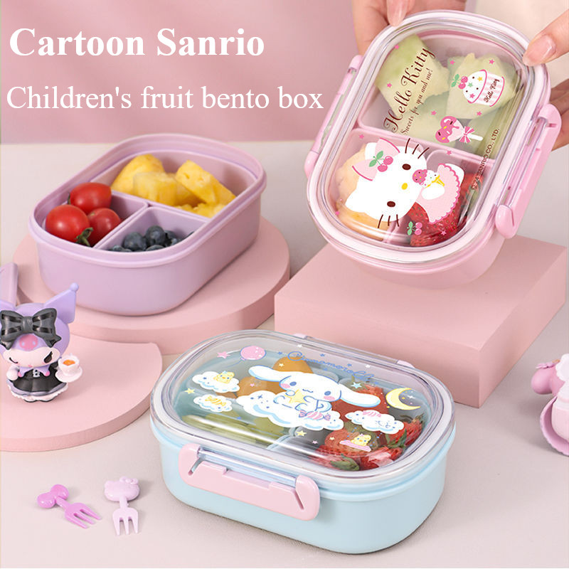 รูปแบบใหม่ Sanrio Kuromi ผลไม้กล่องเด็กฤดูใบไม้ผลิ Outing แยกสด Bento กล่องนักเรียนแบบพกพาผลไม้กล่อง Cinnamoroll ขนาดใหญ่ความจุผลไม้ Bento กล่อง