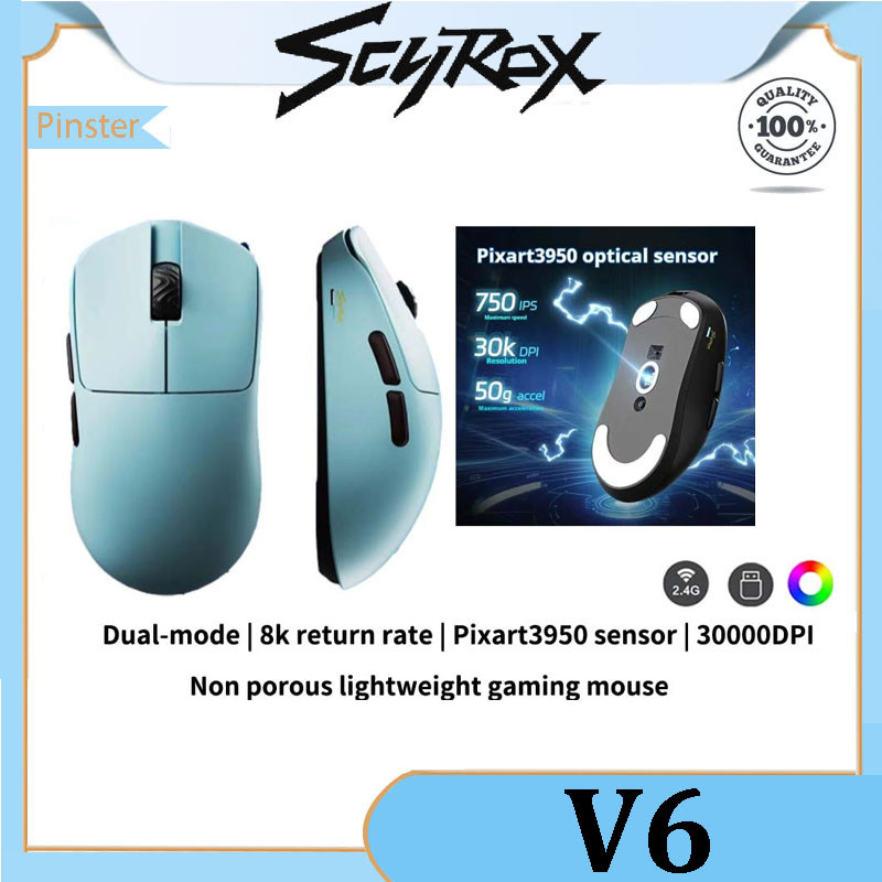 Scyrox V6 เมาส์สําหรับเล่นเกมไร้สายสองโหมด, อัตราคืน 8k, เซ็นเซอร์ Pixart3950, ไมโครเคลื่อนไหวแสง Om