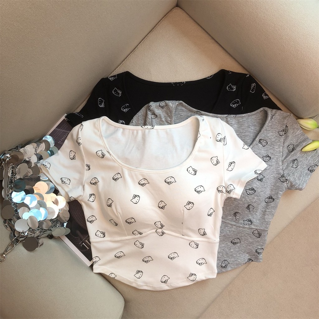 เสื้อยืดแขนสั้นพิมพ์ลายผ้าฝ้ายมนุษย์ Square Tie Chest Pad Sweet Spice Bellyless Top