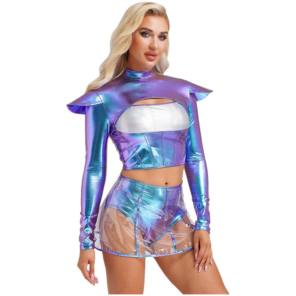 Yeahdor ผู้หญิงฮาโลวีน Alien Outsidespace เครื่องแต่งกายแขนยาว Hollow Out Cropper Top พร้อมกระโปรงโปร่งใสบทบาทเล่นเครื่องแต่งกาย Club Wear - รูปที่ 2