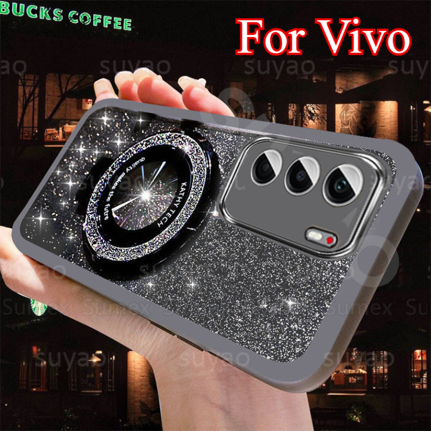 สําหรับ Vivo V50 Lite VivoV50 5G 2025 Glitter หรูหราชุบเคสโทรศัพท์ฝาครอบขาตั้งแหวนผู้ถือวงเล็บน่ารัก