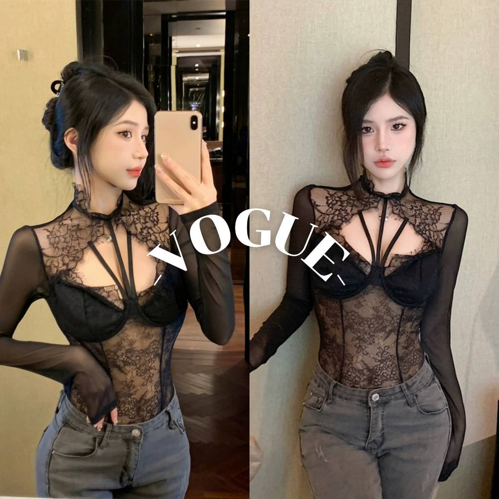 Vogue🌟พร้อมส่ง🌟 ชุดบอดี้สูทแขนยาว เซ็กซี่ ซีทรูดีเทลมีเสริมฟองน้ำลายลูกไม้ (T-1688)