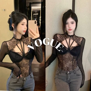 Vogue🌟พร้อมส่ง🌟 ชุดบอดี้สูทแขนยาว เซ็กซี่ ซีทรูดีเทลมีเสริมฟองน้ำลายลูกไม้ (T-1688)