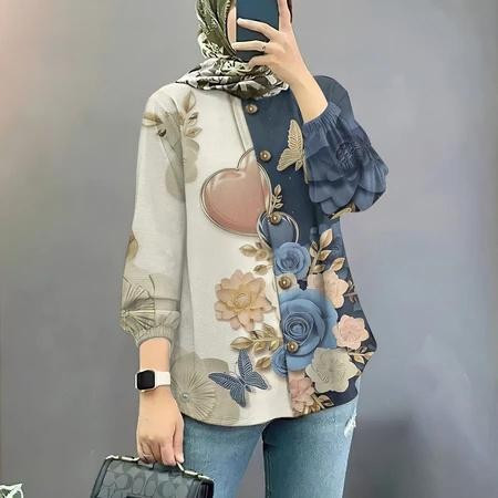2025 ผู้หญิง เสื้อมุสลิมลายดอกไม้เสื้อแขนยาวติดกระดุมเสื้อคอกลมที่สวยงาม