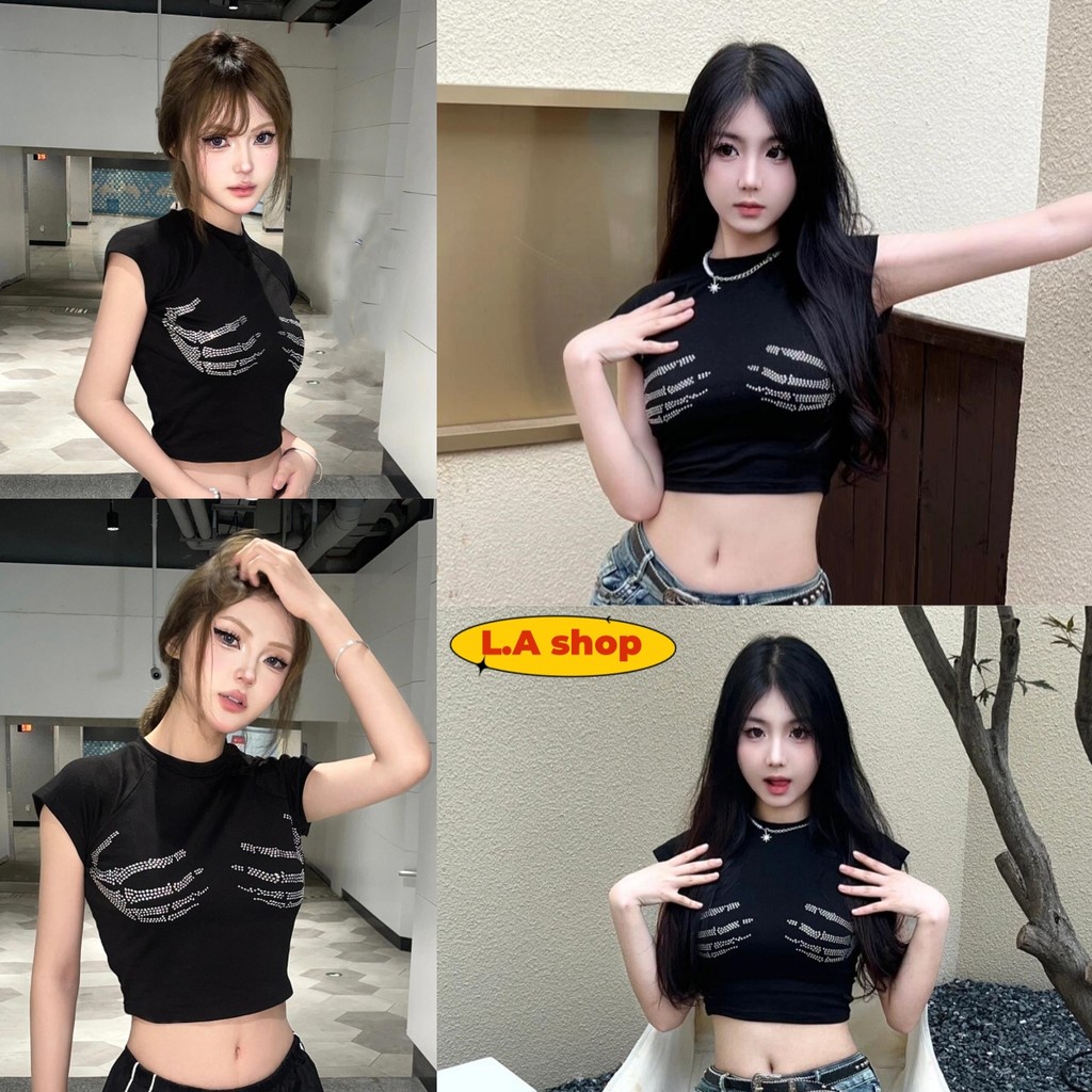 L.A Shop★สไตล์ใหม่★ เสื้อครอปแขนสั้น มีฟองน้ำ น่ารักๆ ดีเทลลายเพชร "FY3519"