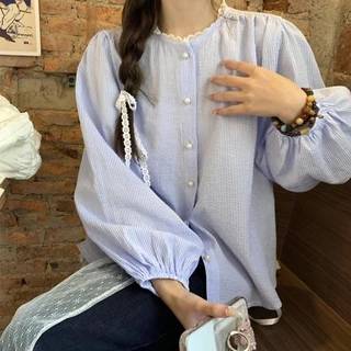 Cuites 🔥 เสื้อเชิ้ตแขนยาวผู้หญิงสไตล์เกาหลี ลายทาง สีพาสเทล เกาหลีแฟชั่นผู้หญิง W531