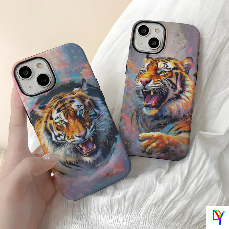 เสือสีสันสดใสสําหรับ iPhone14/15/16/17Promax 13Promax Double Layer Two in One 11/12pro Xsmax ซิลิโคนอ่อนนุ่มฝาครอบฟิล์มแข็ง