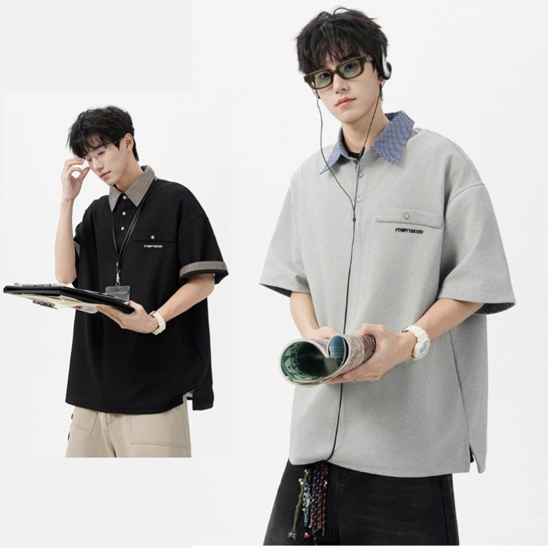 SUIKONE ซุยโคเนะ อเมริกันย้อนยุคปลอมสองชิ้นประกบเสื้อโปโลคอปกลายสก๊อตฤดูร้อนหลวมสําหรับผู้ชายและผู้หญิง