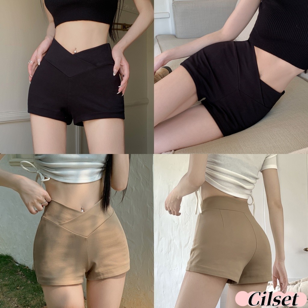 Cilset🛒พร้อมส่ง🎀 กางเกงขาสั้น เอววี สีพื้น ทรงรัดรูป ใส่สบายมาก เข้ารูปสไตล์เกาหลี/FY2771