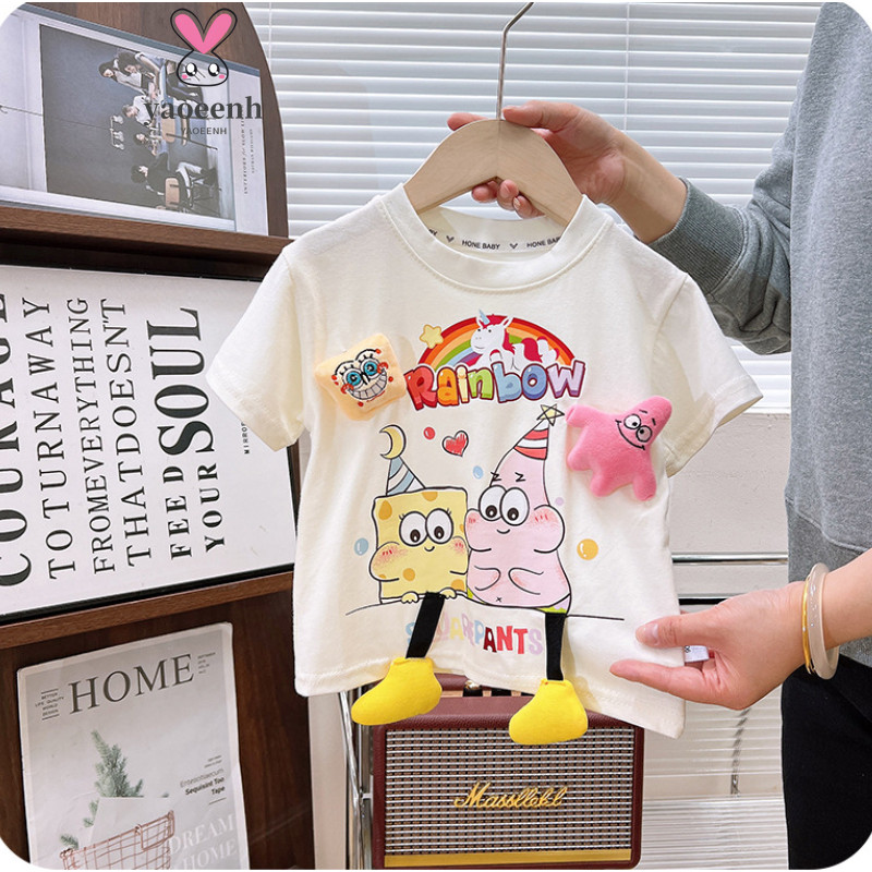 【YAOEENH】80-160ซม ฤดูร้อนชายหญิงการ์ตูนน่ารักแขนสั้นเสื้อยืดกลางเด็กใหญ่พิมพ์ตุ๊กตาสามมิติครึ่งแขนพร้อมสต็อกจัดส่งที่รวดเร็ว