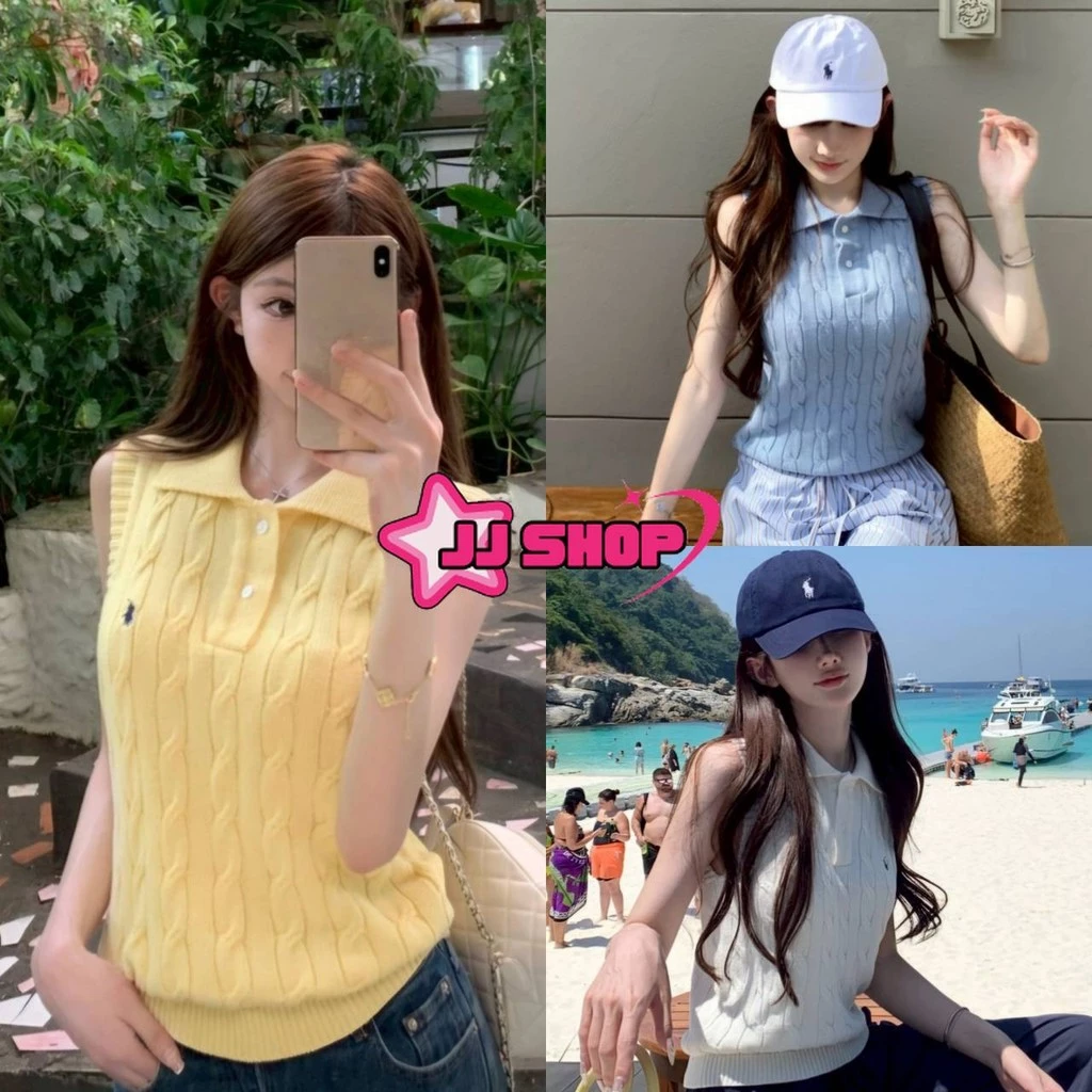 JJ shop💜 พร้อมส่ง เสื้อกล้ามไหมพรม คอปก สไตล์เกาหลี สีพาสเทลใส่ง่าย "W-J074"