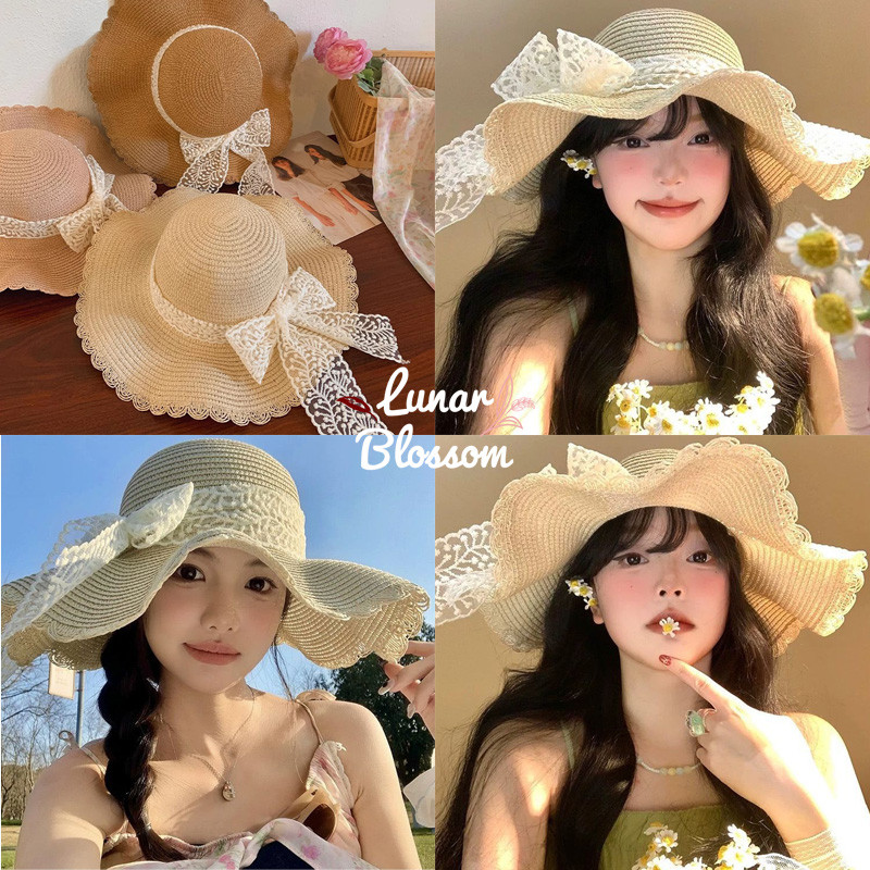 Lunar Blossom🌸🌸หมวกกันแดดปีกใหญ่ลายลูกไม้ หมวกกันแดดผู้หญิง คลิปโบว์สไตล์เกาหลี!ผ้าคอตตอนระบายอากาศ