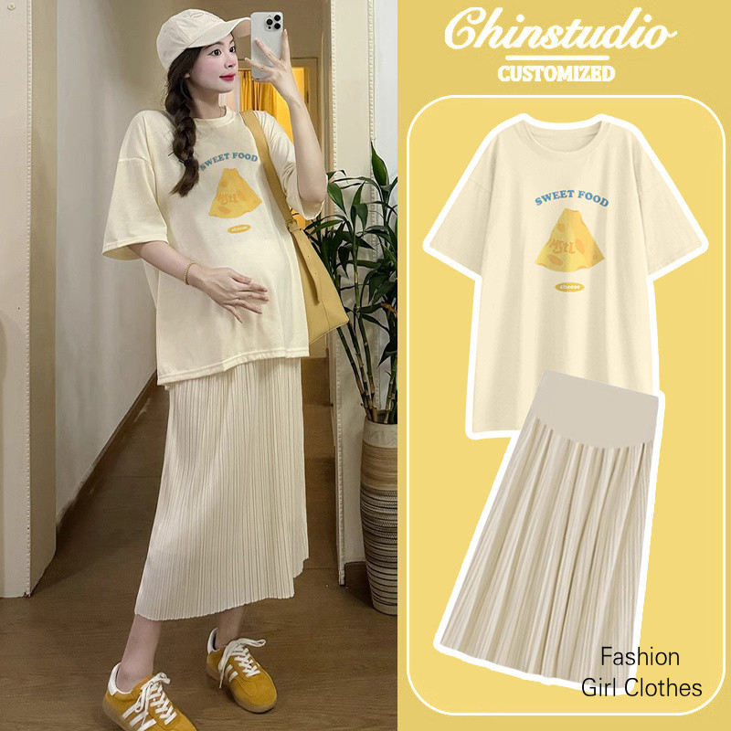 แฟชั่นฤดูร้อนหญิงตั้งครรภ์ชุดสองชิ้นตั้งครรภ์สูทแขนสั้นหญิงตั้งครรภ์ด้านบน + กระโปรงตั้งครรภ์