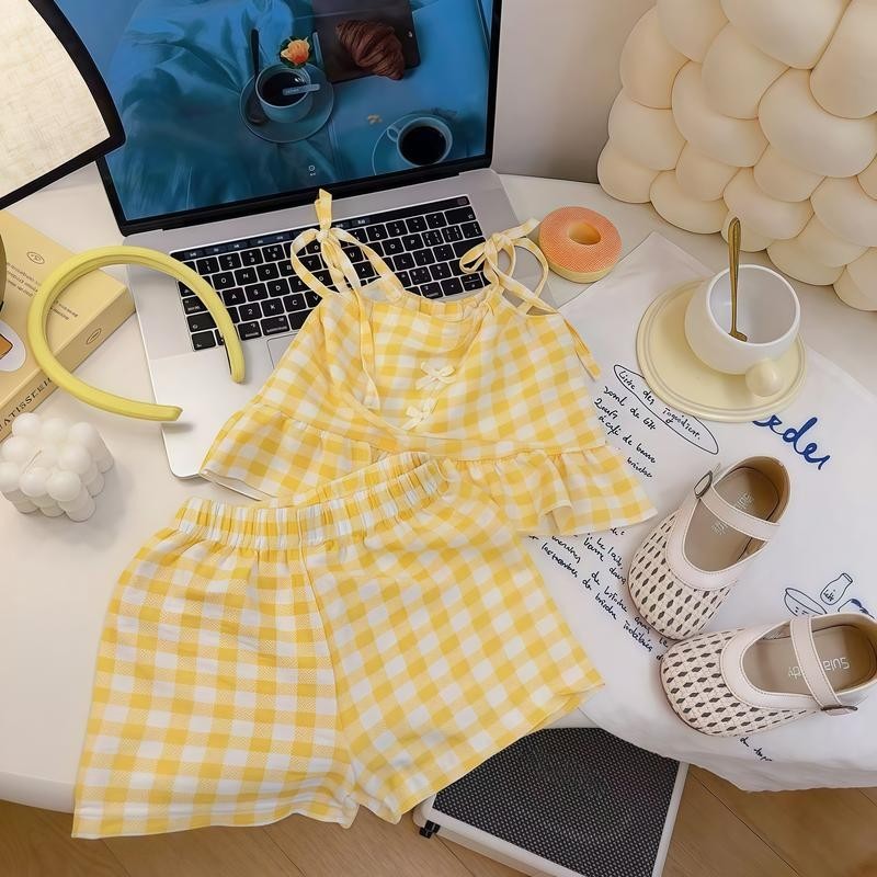 MooDeng Baby ลายสก๊อตสีหวาน ชุดเด็กหญิง  ผ้าฝ้าย สายเดี่ยว คอกลม  สำหรับเด็ก 9 เดือน 5 ปี ดีไซน์น่ารัก แฟชั่นเกาหลี รูปที่ 3
