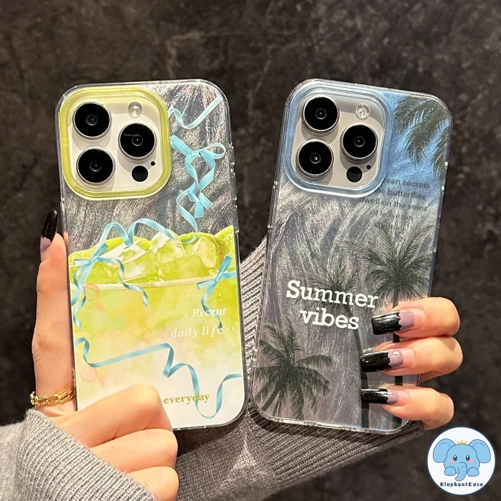 ต้นมะพร้าวแฟชั่นเข้ากันได้เคสไอโฟน16 11 15 13 12 14 Pro Max XR 16 14 15 7 8 Plus XS MAX X SE สีน้ำเงินริบบิ้นสร้อยข้อมือ