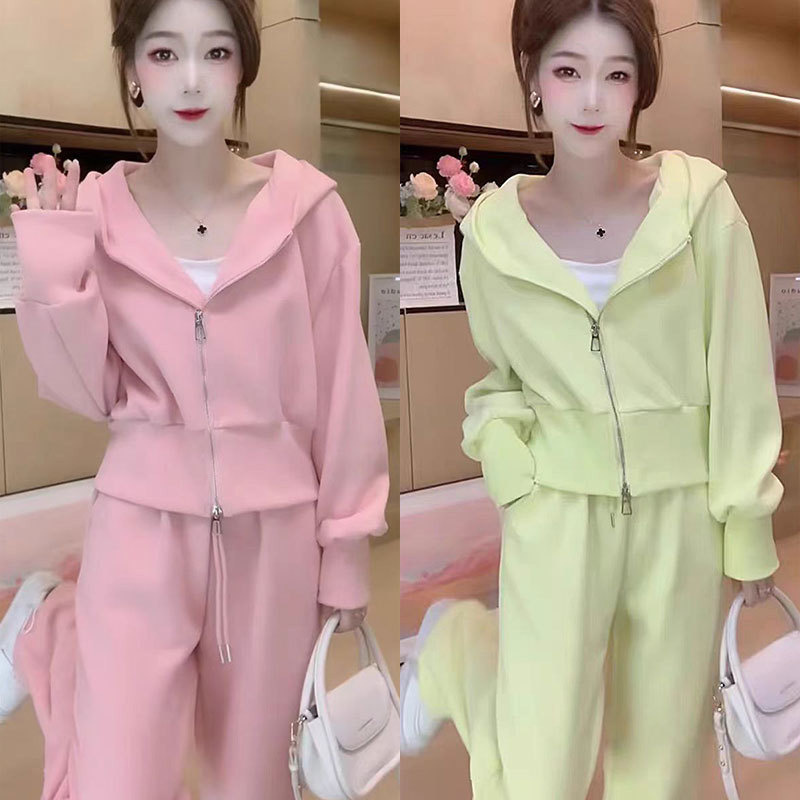 เสื้อสเวตเตอร์ถักมีฮู้ดชุดกีฬาผู้หญิงฤดูใบไม้ร่วงสไตล์เกาหลีแฟชั่นลำลองชุดสองชิ้น