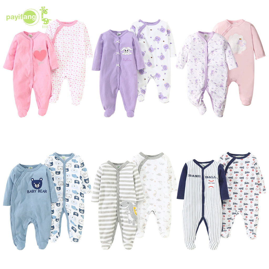 Payi Baby-2PCS เด็กทารกแขนยาว เสื้อผ้าหนอน ชุดบอดี้สูททารกแรกเกิดผ้าฝ้าย ชุดหนึ่งชิ้นที่มีคลุมเท้า