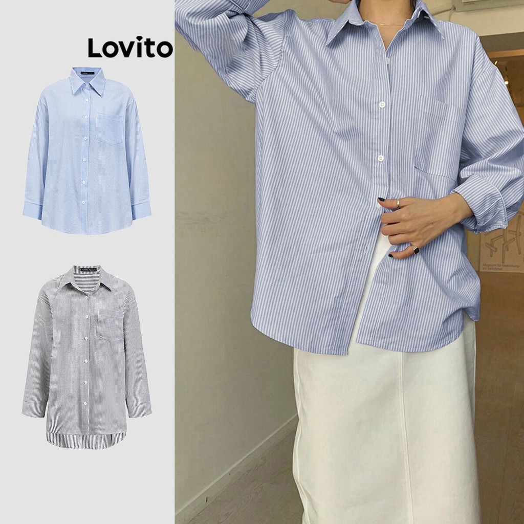 Lovito เสื้อเบลาส์ผู้หญิง ลายทาง มีกระดุม จับจีบเดรป สไตล์ลำลอง L90AD060(หลากสี)