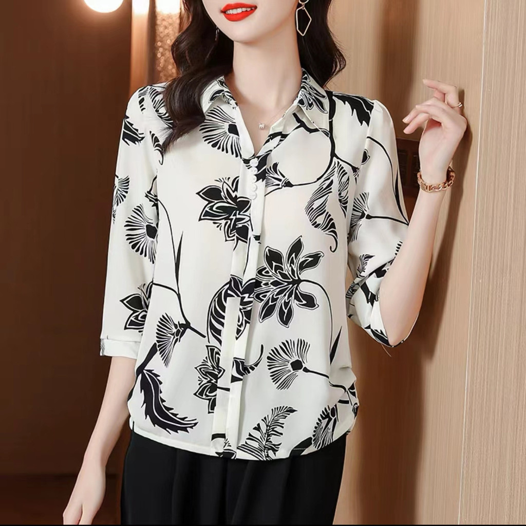 เสื้อชีฟองดอกไม้สุภาพสตรีสวมใส่ปีแคบเอวปกท้องเสื้อขนาดเล็กอารมณ์แฟชั่นกลางแขนเสื้อด้านบน 11.28