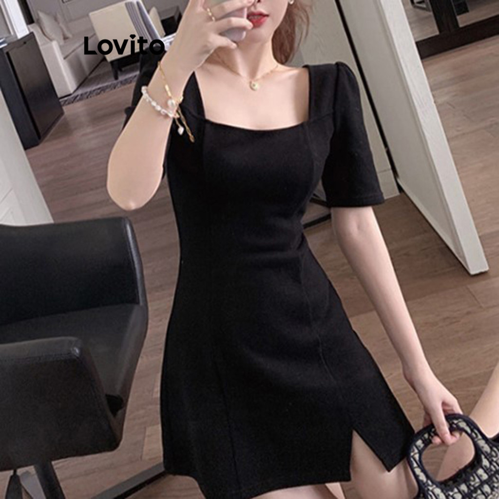 Lovito ชุดเดรสผู้หญิง เย็บตีเกล็ดหน้า แต่งจีบ สีพื้น สไตล์หรูหรา LNE47321