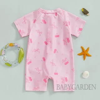 【ส่งจากไทย】 0-3years Baby Girl Rash Guard One Piece ชุดว่ายน้ํา Cherry/Bow Print Zipper Short Sleeve Zip Up ชุดว่ายน้ํา