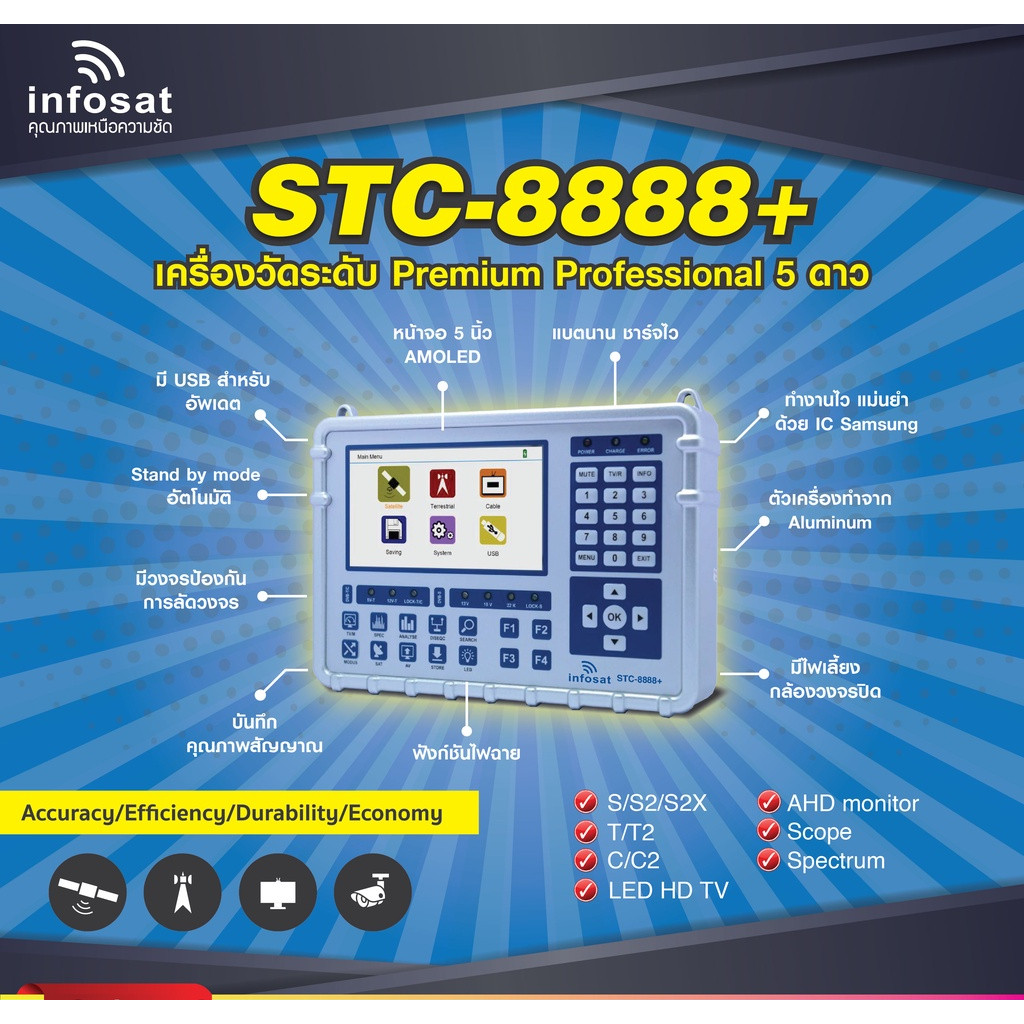 INFOSAT STC-8888+ เครื่องวัดระดับ Premium Professional คอมโบมิเตอร์ DVB-S/S2/S2-X/T/T2/C/C2