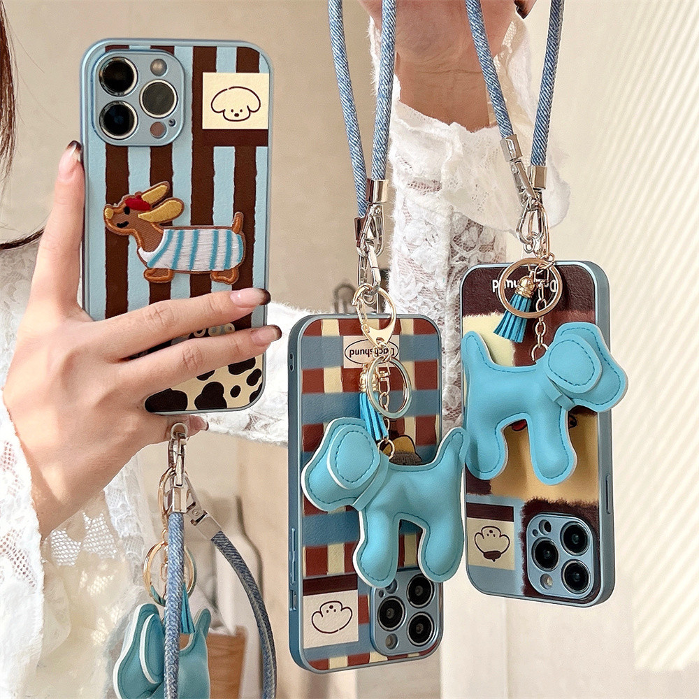 Insปักลูกสุนัขสายรัดข้อมือหนังเคสโทรศัพท์สําหรับiphone 16 15 14 13 12 Pro Max Plusนุ่มและน่ารัก 3Dสุนัขปกหลังกรณี