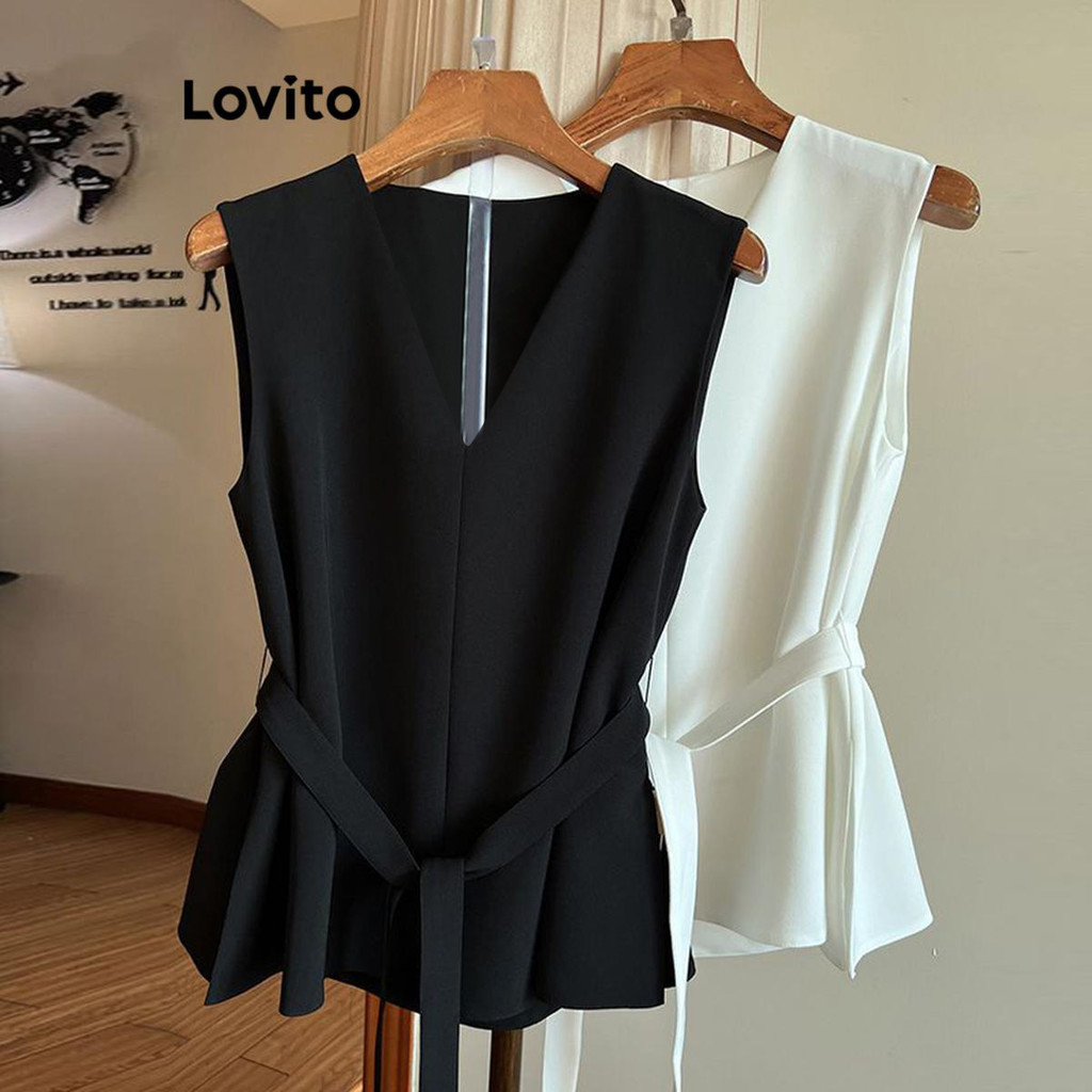Lovito เสื้อเบลาส์ผู้หญิง ผูกเชือก มีซิป สีพื้น สไตล์ลำลอง LNE49414