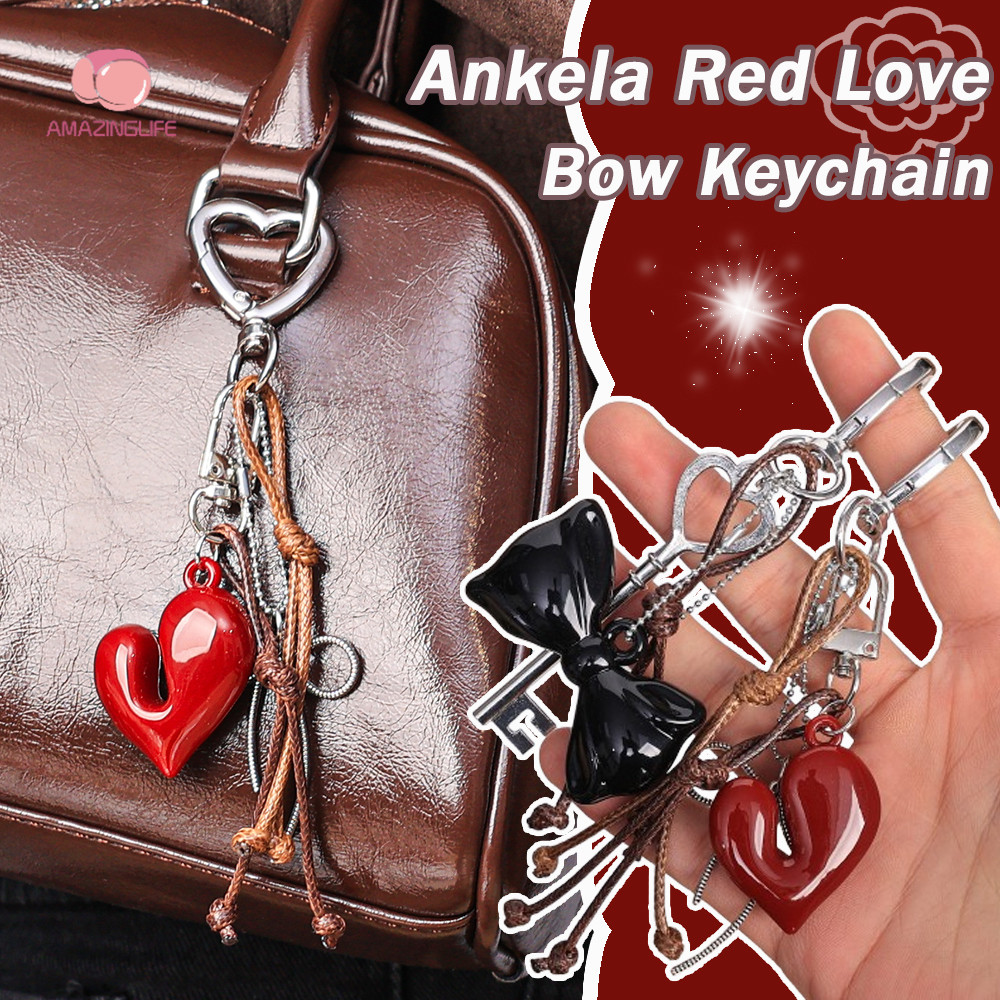 Ankela พวงกุญแจติดโบว์ลูกปัดหัวใจสีแดง - ของขวัญตกแต่งกระเป๋าเป้สะพายหลัง DIY อินเทรนด์ - พวงกุญแจโบว์สีแดงย้อนยุค Y2K เกาหลี