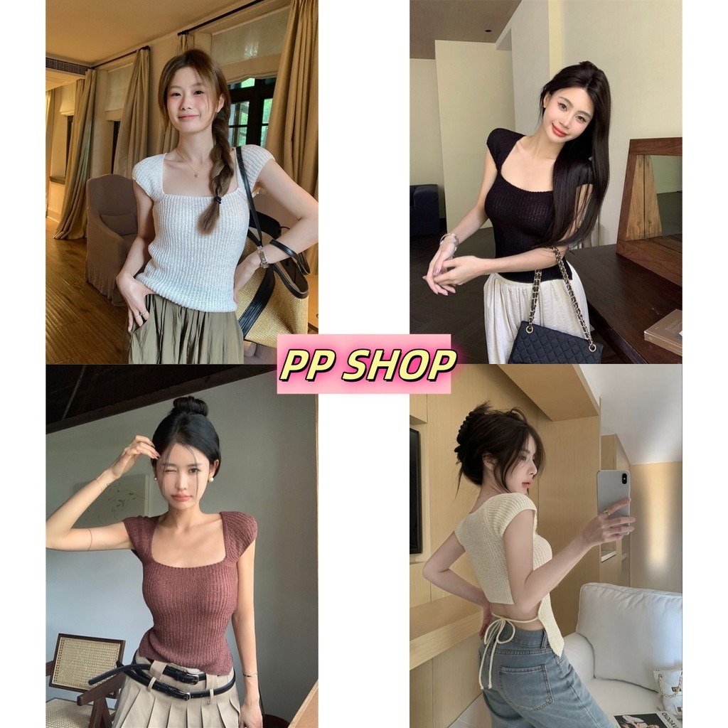 PP Shop​ ​พร้อมส่ง เสื้อยืดแขนสั้น สีพื้น ผ้าถัก แฟชั่นสไตล์เกาหลี ทรงสวยเปิดหลัง ผูกที่ด้านหลัง เสื้อคอเหลี่ยม#12359-2