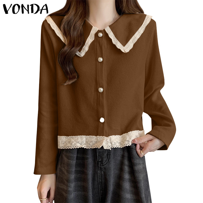 Vonda ผู้หญิงเกาหลีแฟชั่นลําลอง Patchwork ตุ๊กตาเสื้อแขนยาว