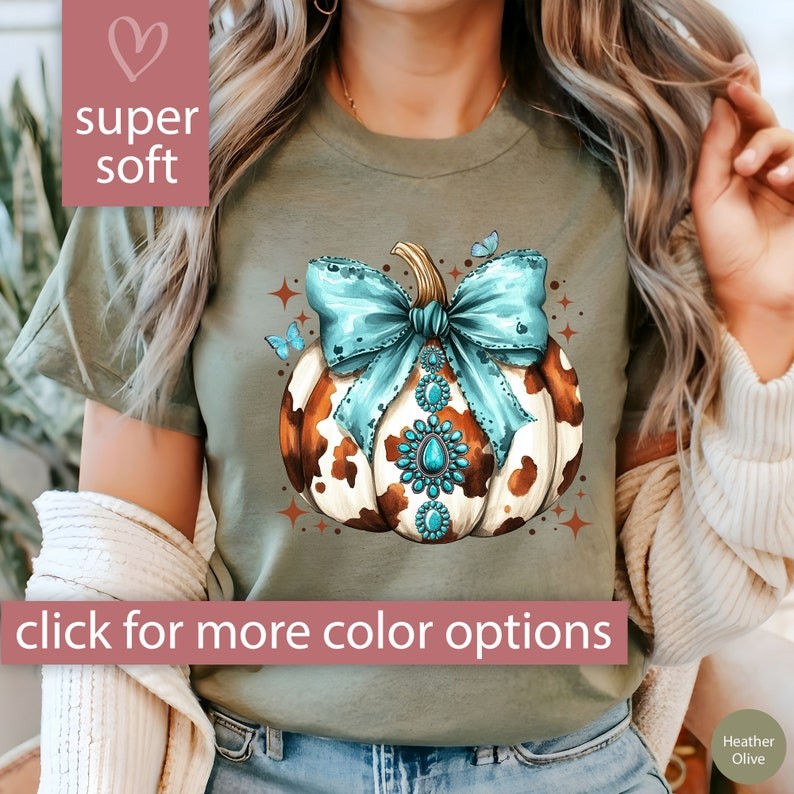 Western Pumpkin Shirt for Women, Halloween T Shirt, Women's Country Tshirt, Cowhide Pumpkin Bow T Sh