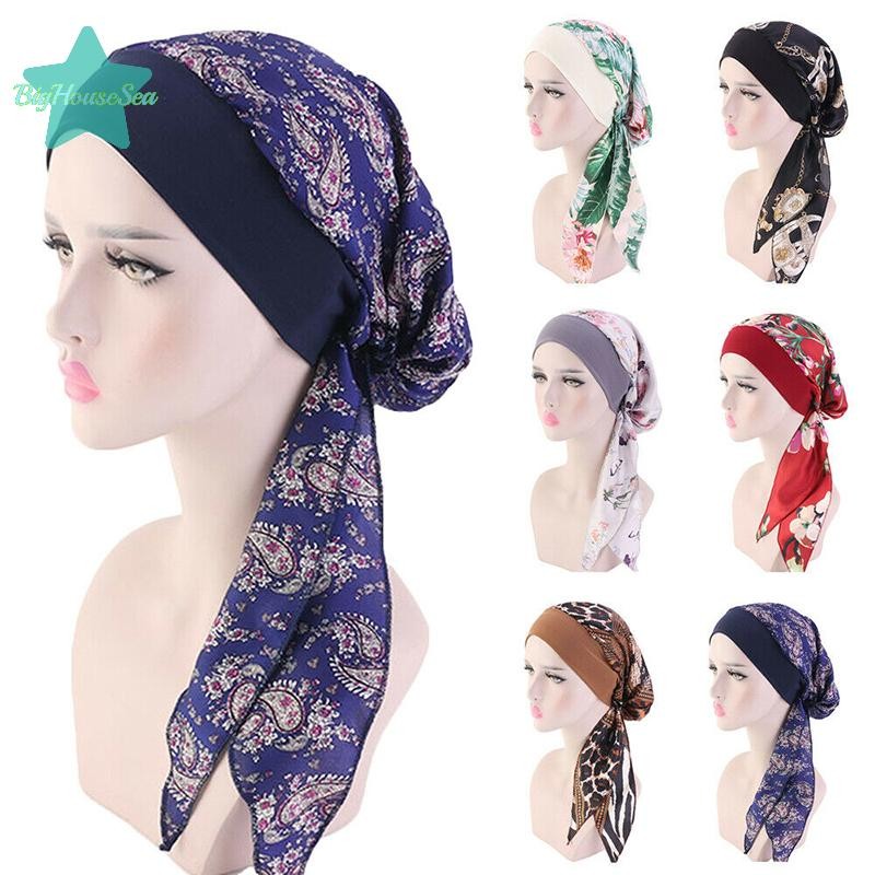 [BigHouseSea] ผ้าพันคอมะเร็งผู้หญิง Chemo หมวกผมร่วง Turban Pre-Tied Headwear ใหม่