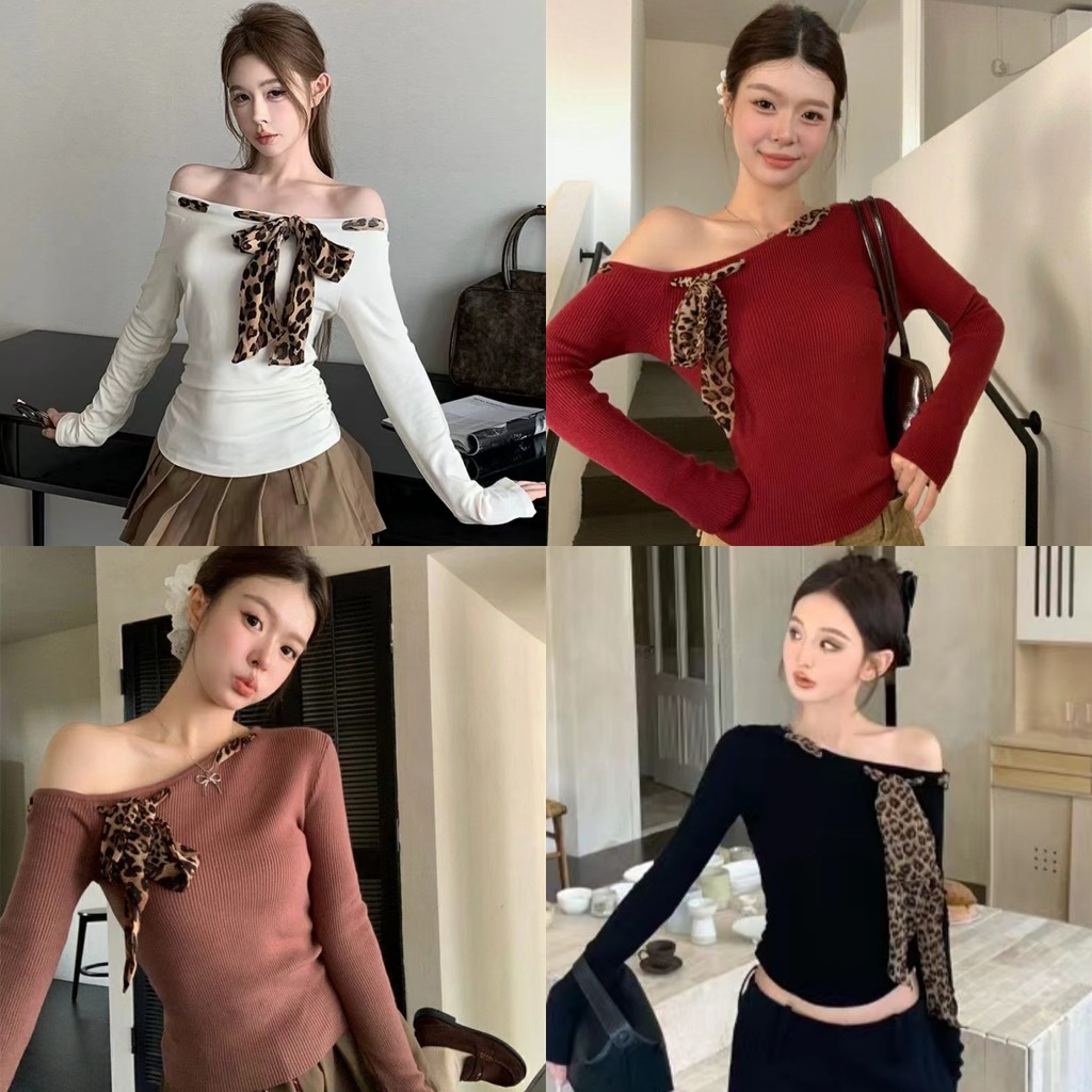 Evelyn เสื้อไหมพรมเปิดไหล่ แขนยาว ใส่สบายมาแต่งสายลายเสื้อ ยืดตามตัว เข้ารูป สไตล์เกาหลี เสื้อยืด แฟชั่น ทรงสวย#Z-U002