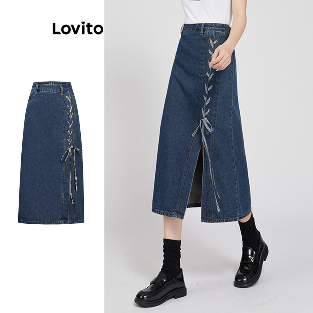 Lovito กระโปรงยีนส์ผ่าต้นขาแบบเรียบง่ายสำหรับผู้หญิง L110AD600