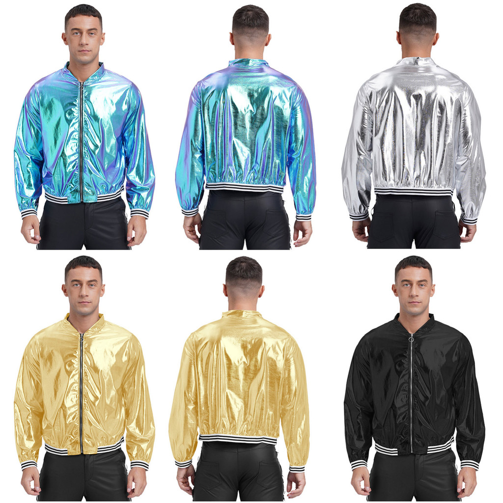 Nikiikoo Mens Metallic Shiny Bomber Jacket แขนยาวด้านหน้าซิปลาย Band Outerwear แจ็คเก็ตเบสบอล Coat Clubwear Stylish Street Look